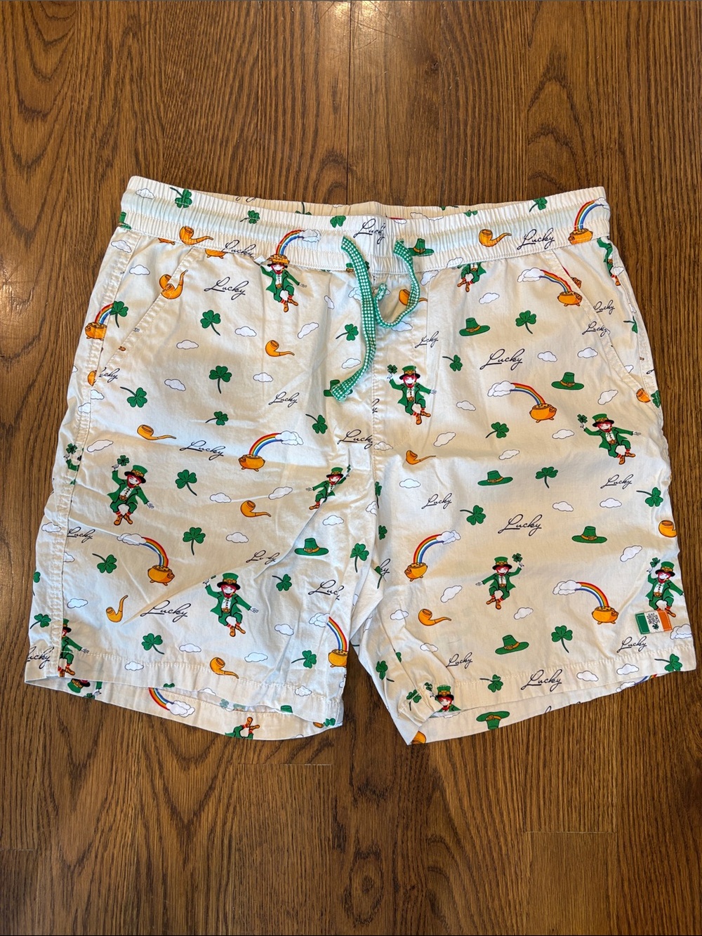 Denim & Flower Tan Shorts with Green & Orange St. Patrick's Print